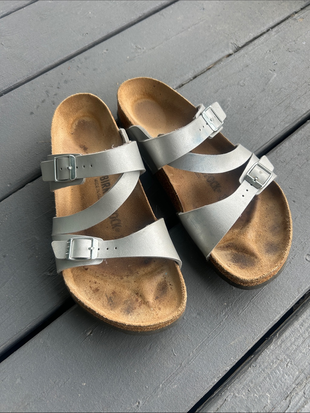 Birkenstock Womens Triple Buckle Metallic Silver Slide Sandals Excellent Shape